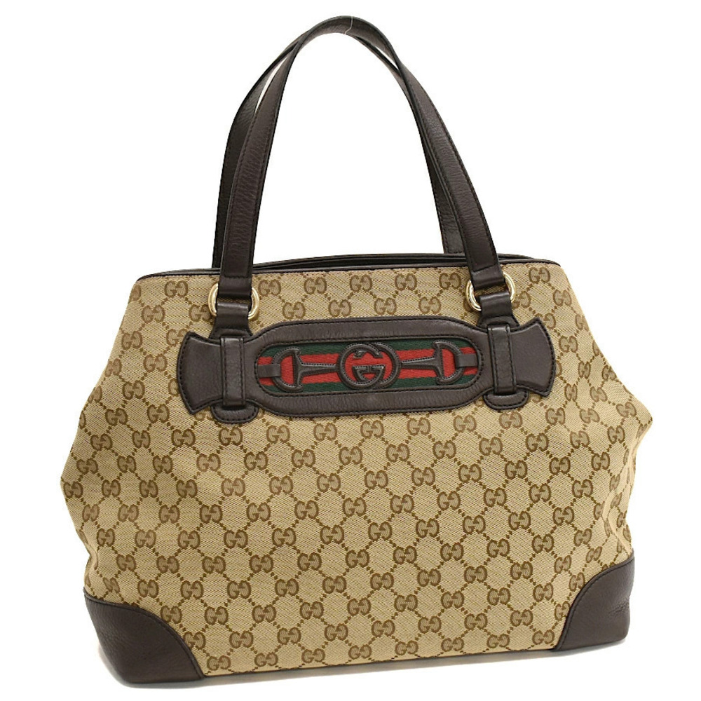 Gucci Horsebit Shoulder Tote Bag GG Canvas Web Beige Cream Dark Brown